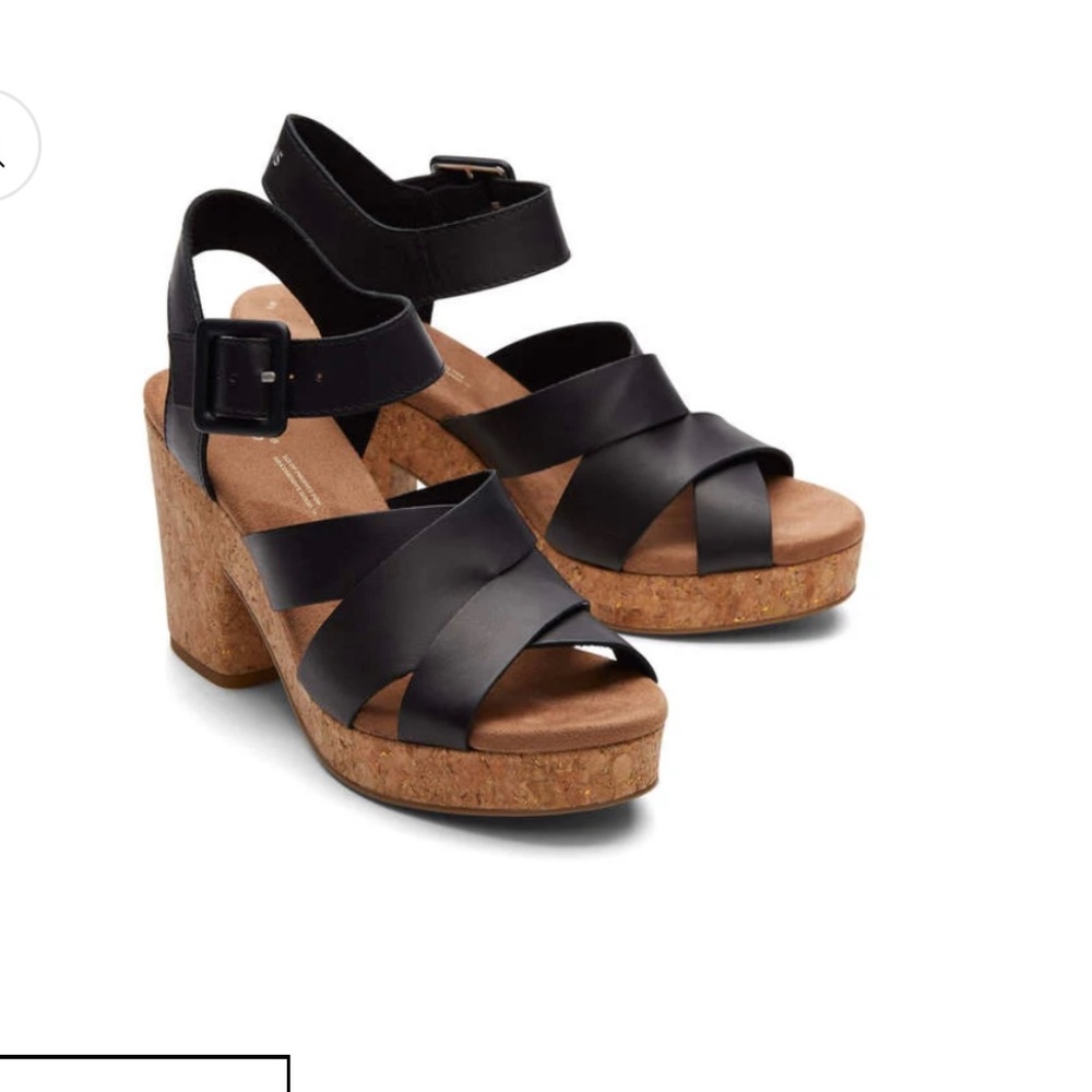 TOMS Ava Leather Sandals, black with Cork Platform Buckle Shoes Women’s Size 6.5